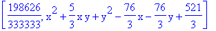 [198626/333333, x^2+5/3*x*y+y^2-76/3*x-76/3*y+521/3]